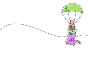 mujer de negocios árabe de dibujo de una sola línea sosteniendo maletín y saltando con paracaídas. gente de negocios paracaidista riesgo peligro, concepto de seguridad. ilustración de vector gráfico de diseño de dibujo de línea continua