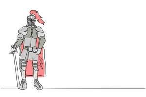 dibujo continuo de una línea caballero medieval con armadura, capa y casco con pluma. guerrero de la edad media de pie y apoyado en la espada. militares antiguos históricos. vector de diseño de dibujo de una sola línea