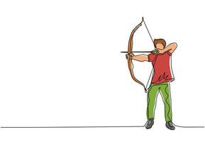 Single one line drawing man with bow and arrow. Male holding bow and arrow aiming to shoot. Archer with bow and arrow isolated. Part of set. Continuous line draw design graphic vector illustration