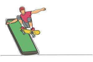 un hombre patinador de dibujo de una línea continua montando patineta y haciendo trucos de salto saliendo de la pantalla del teléfono inteligente. Partidos deportivos móviles. aplicación móvil de patineta en línea. vector de diseño de dibujo de una sola línea