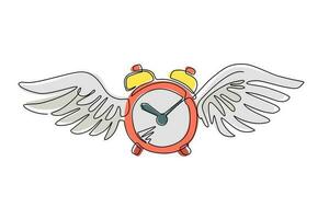 Single continuous line drawing time flies concept. Table alarm clock with wings. Flat flying clock. Time icon or symbol. Winged alarm clock flying in the sky. One line draw design vector illustration