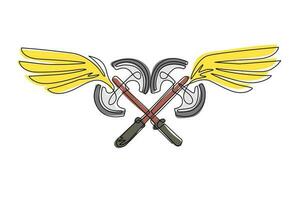 Single continuous line drawing flying two crossed axes. Weapon of medieval fantastic warrior. Winged two crossed axes logo with elegant outspread wings for logo design. One line draw graphic vector