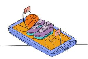 Single continuous line drawing basketball shoes and basketball balls on smartphone screen. Smartphone with app basketball. Mobile sport stream championship to play. One line draw graphic design vector