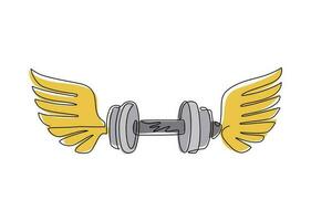 Single one line drawing winged graphic sign created with disc weight dumbbell sport equipment. Sport emblem for weightlifting gym and fitness club. Continuous line draw design vector illustration