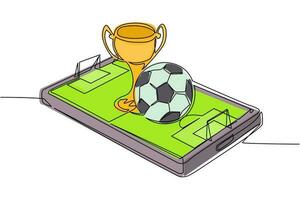 Single continuous line drawing soccer ball and trophy cup over virtual football field smartphone screen. Mobile football soccer. Online soccer game with live mobile app. One line draw design vector