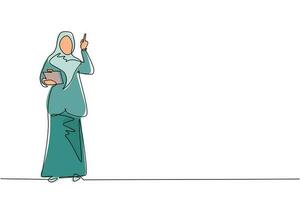 dibujo de una sola línea joven mujer de negocios árabe con traje sosteniendo el portapapeles y señalando con el dedo índice hacia arriba. persona activa manteniendo el bloc de notas en la mano. ilustración de vector de diseño de dibujo de línea continua