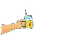 Continuous one line drawing hand holding smoothie juice in glass cup with fruit slice on top. Cold soft drink for summer. Healthy beverage. Vitamin C food. Single line draw design vector illustration