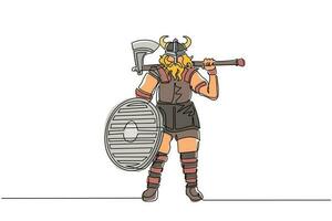 Single continuous line drawing norseman viking warrior raider barbarian wearing horned helmet with beard holding axe and shield on isolated white background. One line draw design vector illustration