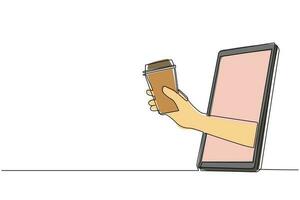 Single one line drawing hand holding coffee paper cup through mobile phone. Concept of cafe drink order delivery online food. Application for smartphones. Continuous line draw design graphic vector