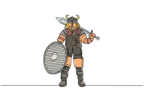 Continuous one line drawing norseman viking warrior raider barbarian wearing horned helmet with beard holding sword and shield on isolated white background. Single line draw design vector illustration