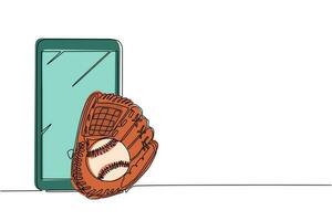 Single one line drawing baseball leather glove and ball with smartphone. Mobile sports play matches. Online baseball game with live mobile app. Continuous line draw design graphic vector illustration