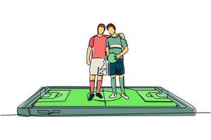 Single continuous line drawing two soccer players embrace each other on surface of smartphone. Mobile football soccer. Mobile sport play match. Dynamic one line draw graphic design vector illustration