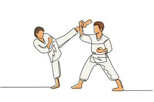 Continuous one line drawing two karate men fighters ready to fight. Professional karate sport fighters standing fighting practicing karate together. Single line draw design vector graphic illustration