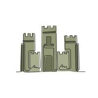 Continuous one line drawing knight's castle. Stone medieval fortress with tower, wall and gate. Protection from enemies. Reliability and defense of the city. Single line draw design vector graphic