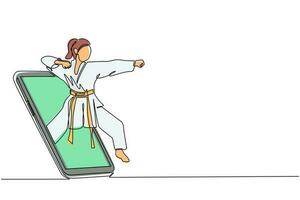 Continuous one line drawing karateka woman in kimono practicing karate punch getting out of smartphone screen. Mobile sports play matches. Online karate game mobile app. Single line draw design vector