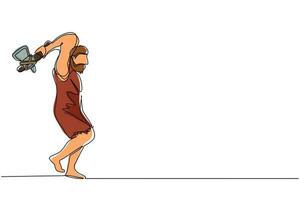 Single continuous line drawing prehistoric man holding and raised stone axes. Man hunting an ancient animal with stone axe, caveman of prehistoric period with weapon. One line graphic design vector