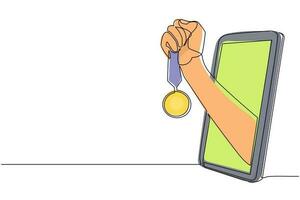 Continuous one line drawing player hand holds gold medal through mobile phone. Smartphone with app sport games. Mobile sports stream championship. Single line draw design vector graphic illustration