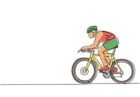 dibujo de una sola línea continua joven y enérgico corredor de bicicletas mejora su velocidad en la sesión de entrenamiento. concepto de ciclista de carreras. evento deportivo de ciclismo saludable. vector de diseño gráfico de dibujo dinámico de una línea