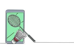 Continuous one line drawing smartphone, badminton racket and shuttlecock. Equipments for badminton game sport isolated on background in flat design. Single line draw design vector graphic illustration