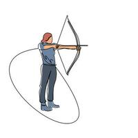 Single continuous line drawing young girl with bow and arrow. Female holding bow and arrow aiming to shoot. Archer with bow and arrow. Part of set. One line draw graphic design vector illustration