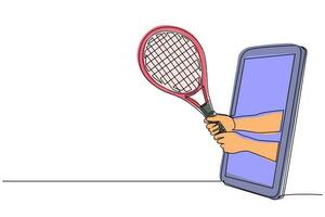 Continuous one line drawing player hand holds tennis racket through mobile phone. Smartphone with tennis games app. Mobile sports stream championship. Single line draw design vector illustration