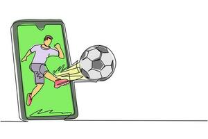 Single continuous line drawing soccer player shooting ball and getting out of smartphone screen. Mobile sports play match. Online soccer game with live mobile app. One line draw graphic design vector