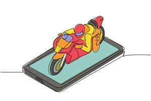 Single continuous line drawing biker wearing helmet, riding motorcycle on smartphone screen. Man in racer overalls and helmet sitting on sports bike. One line draw graphic design vector illustration