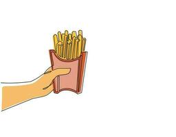 Continuous one line drawing hand holding french fries in paper box. Potato snack fast food menu symbol object. For restaurant or cafe drink menu. Single line draw design vector graphic illustration