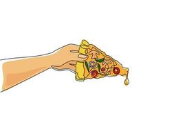 mano de hombre de dibujo continuo de una línea sosteniendo rebanada de pizza. manos sosteniendo triángulos de pizza, refrigerio de comida rápida italiana, fiesta de comida de cocina italiana en invitación de cartel de pizzería. vector de diseño de dibujo de una sola línea