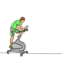 Single one line drawing man doing cardio. Stationary bike. Spinning exercise. Young man doing routine exercise at home using static bike. Modern continuous line draw design graphic vector illustration