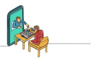 Continuous one line drawing online chess education concept. Two young man sitting at table with chessboard. Teacher shows how to play from smartphone. Single line draw design vector illustration