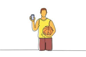 Single continuous line drawing basketball player holding basketball ball and smartphone. Smartphone with app basketball. Mobile sports stream championship to play. One line draw graphic design vector