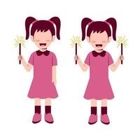 Set Of Little Girl Playing Fireworks vector