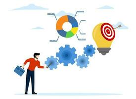 Project initiation or project execution, efforts to develop business goals ideas and concepts, research or implementation of business ideas to see the result, entrepreneurs turn gears into light bulb vector