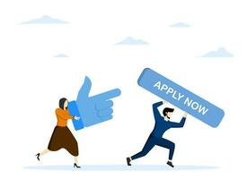 Apply for new job online, concept of job application or opening position, career opportunity or job vacancy, entrepreneur holding apply now button and businesswoman with mouse pointer to click vector