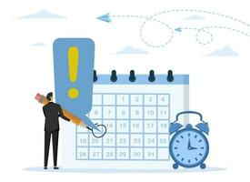 hora recordatorio concepto, importante cita calendario fecha, reunión o evento recordatorio o cronograma, trabajo fecha límite o lanzamiento fecha planificación, empresario con circulo en importante día en calendario vector