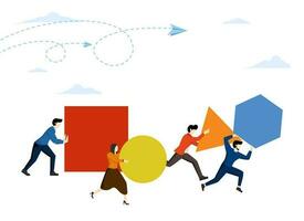 Concept of innovation in business, Businessman pushing the ball and leading the race against another group who are not so lucky pushing boxes. winning strategy, flat vector illustration.