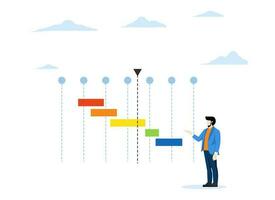 Project timeline or schedule, resource planning for work tasks, development plan, deadline for product launch, workflow concept, businessman project manager review timeline chart. vector