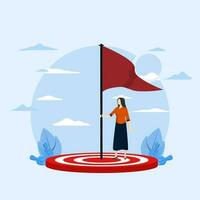 Vector illustration aimed at a goal, increase motivation, a way to achieve a goal, businesswoman in the center with a flag, flat vector illustration on a blue background