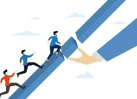 Bridging the gap, help or guidance, career advancement, giant businessman hands bridge the gap for people to progress towards the target. vector