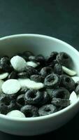 Chocolate breakfast cereal in a white bowl video