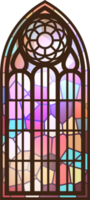 Gothic stained glass window. Church medieval arch. Catholic cathedral mosaic frame. Old architecture design png