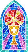 Church glass window. Stained mosaic catholic frame with cross, book and religious symbols. png