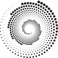 Dotted circles pattern. Abstract half tone graphic. Circular textured round spiral frame. Swirl geometric rings with gradation. png