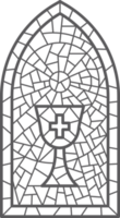 kyrka glas fönster. färgade mosaik- katolik ram med korsa, bok och religiös symboler. png