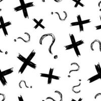 Seamless pattern with hand drawn cross and question mark symbols. Black sketch cross symbol on white background. Vector illustration