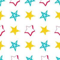 Seamless background of doodle stars. Multicolor hand drawn stars on white background. Vector illustration