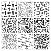 Seamless pattern with black hand drawn arrows. Set of nine creative abstract backgrounds. Vector illustration