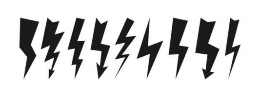 Set of nine dark thunderstorms. Thunderbolt and high voltage black icons on white background. Vector illustration.