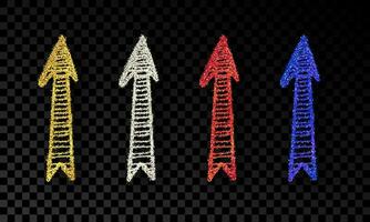 Set of four doodle hand drawn arrows with gold, silver, blue and red glitter effect on dark vector